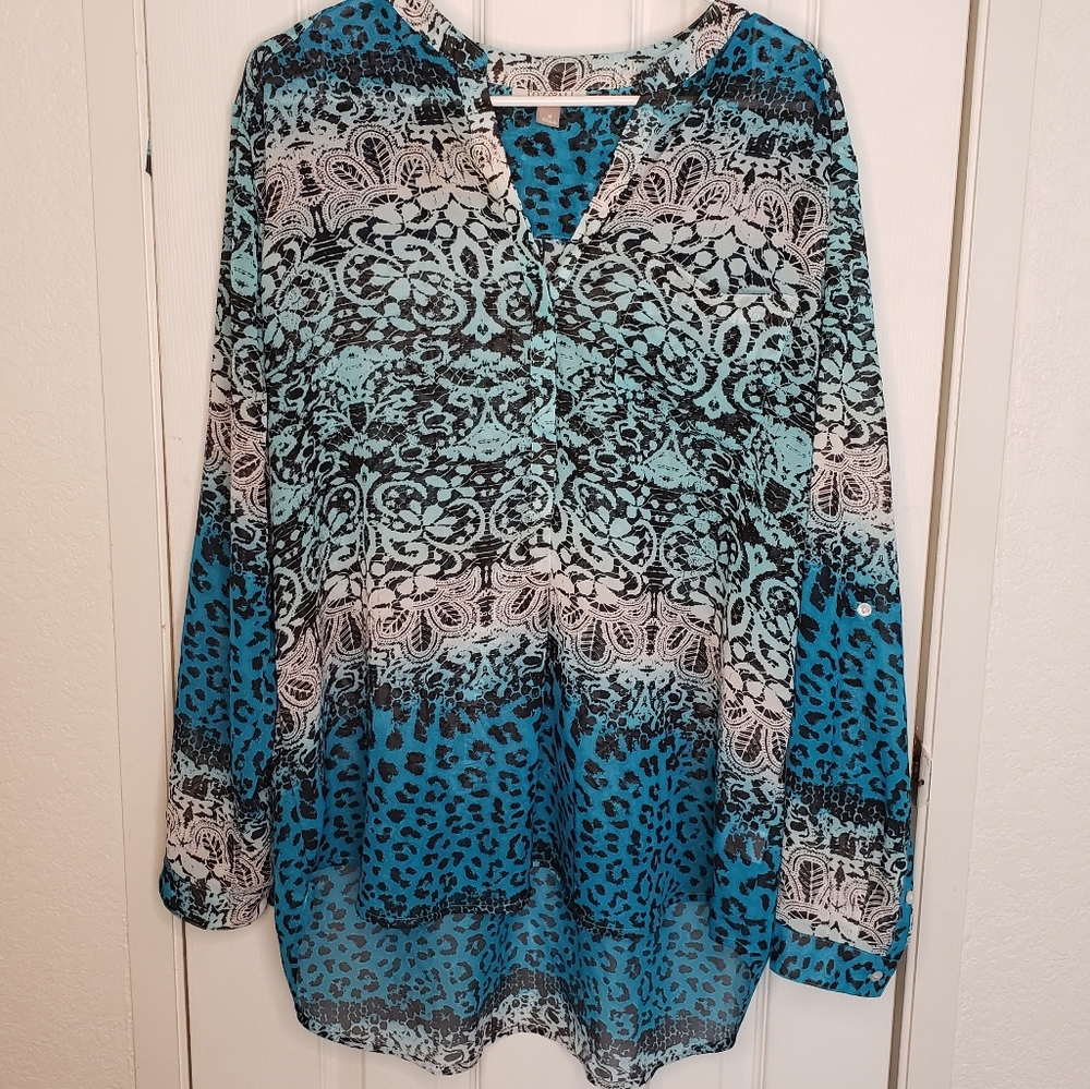 Roz & Ali Turquoise Umbre sheer  blouse 1X